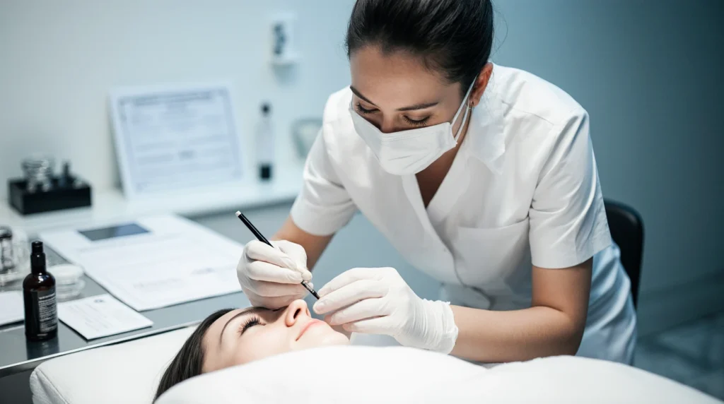 Esthetician Marking Eyebrows for Permanent Makeup