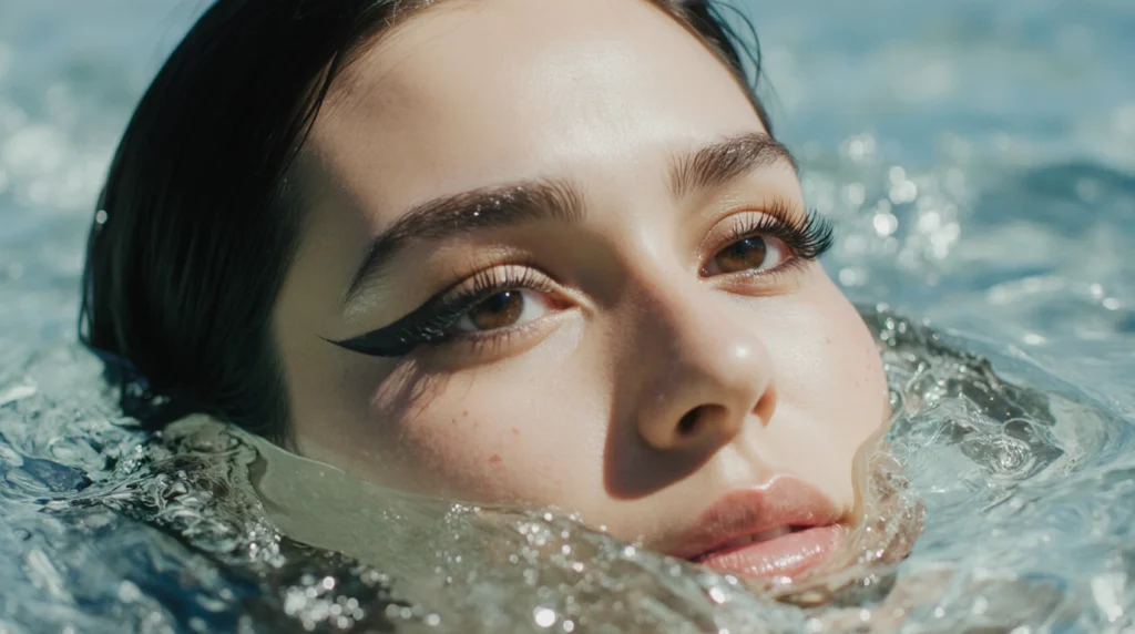 Waterproof Eyeliner Lashes Makeup Look in Water