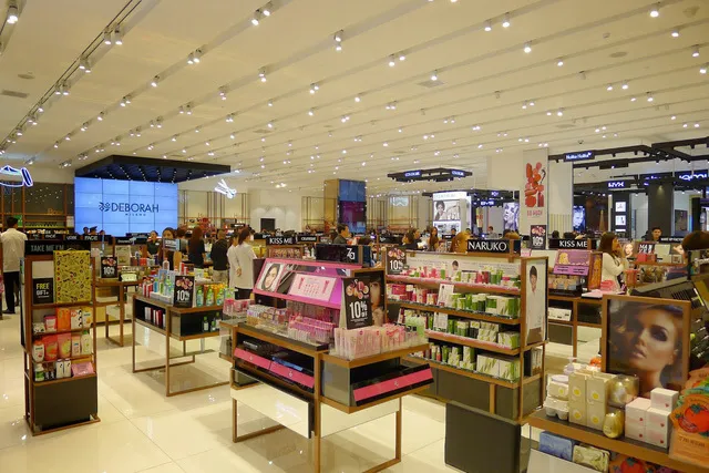 Vibrant Vietnam cosmetics market display featuring Sephora and luxury beauty brands in modern retail store, showcasing skincare, makeup and premium products.