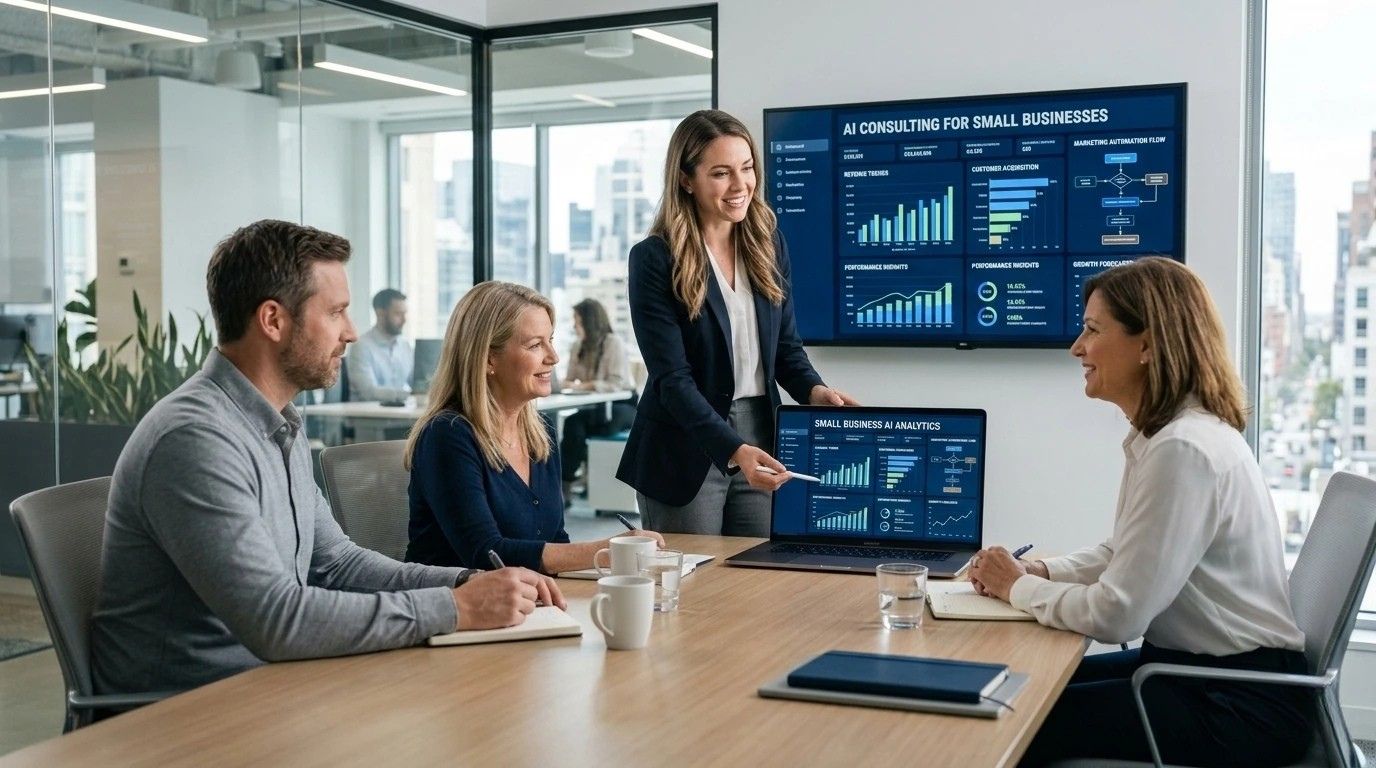 AI consulting for small businesses — consultant presenting analytics dashboard to SMB owners in modern office
