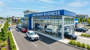 A wide-angle shot of a modern Car Wash Business featuring a blue and white express tunnel with cars lined up and a bold "Car Wash Business" sign.