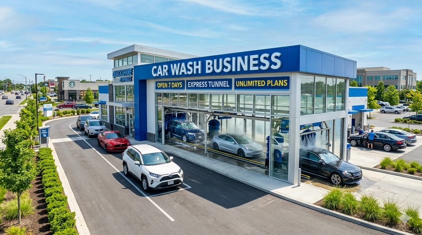 A wide-angle shot of a modern Car Wash Business featuring a blue and white express tunnel with cars lined up and a bold "Car Wash Business" sign.