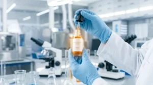 GMP Cosmetic Manufacturing – Scientist testing cosmetic serum in modern laboratory