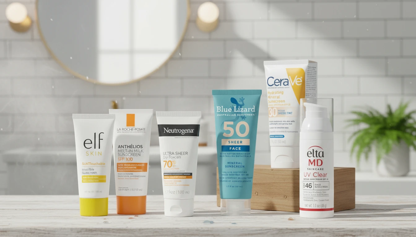 Best sunscreen for laser hair removal including EltaMD, CeraVe, Neutrogena, La Roche-Posay, and Blue Lizard SPF 30–50+ displayed on a bathroom counter.