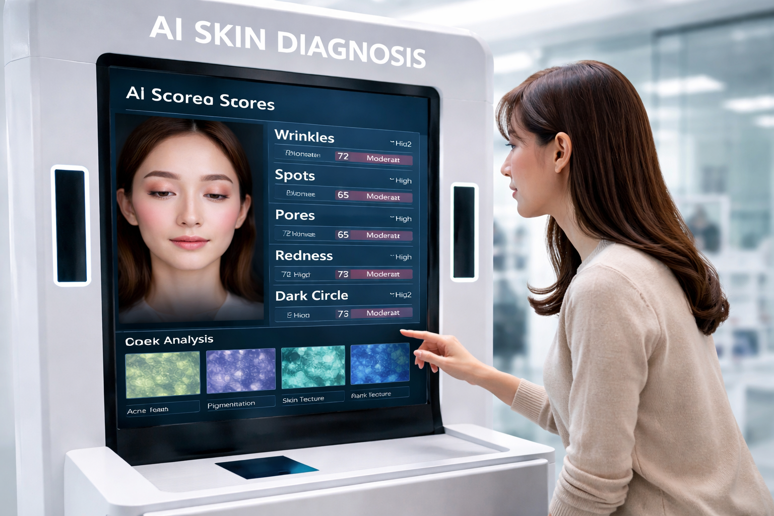 A customer interacting with an AI booth for a skin diagnosis, showing a detailed screen analysis.