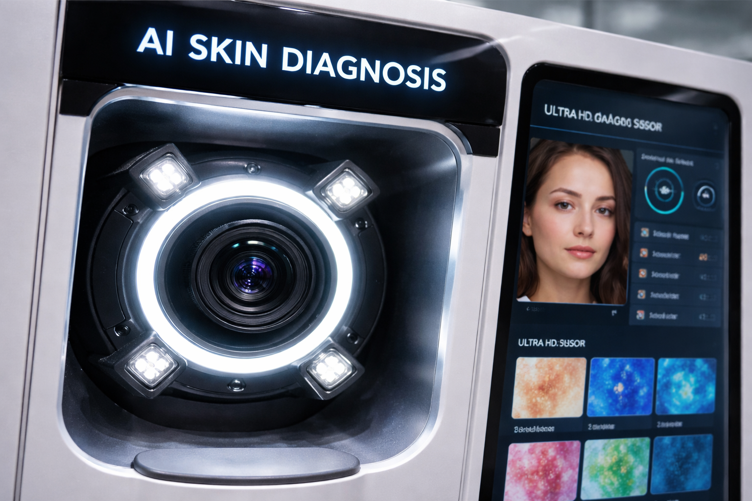 A detailed close-up of an AI booth's camera lens and lighting setup, highlighting precision optics.