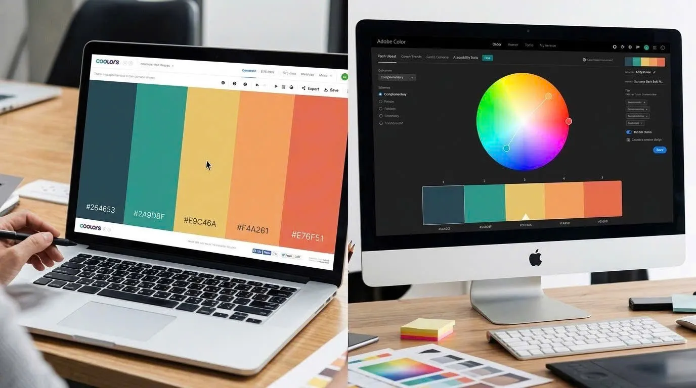 How to Create a Stunning Cosmetic Brand Color Palette for Your Business 5 A split screen showing different color palette generator tools like Coolors and Adobe Color in action.