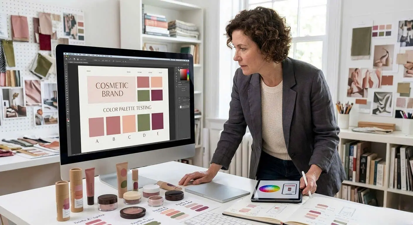 How to Create a Stunning Cosmetic Brand Color Palette for Your Business 4 A designer testing a cosmetic brand color palette on various product mockups and website layouts.