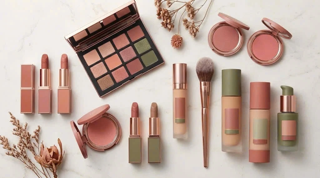 How to Create a Stunning Cosmetic Brand Color Palette for Your Business 6 A beautifully arranged collection of cosmetic products displaying a cohesive and attractive color palette.