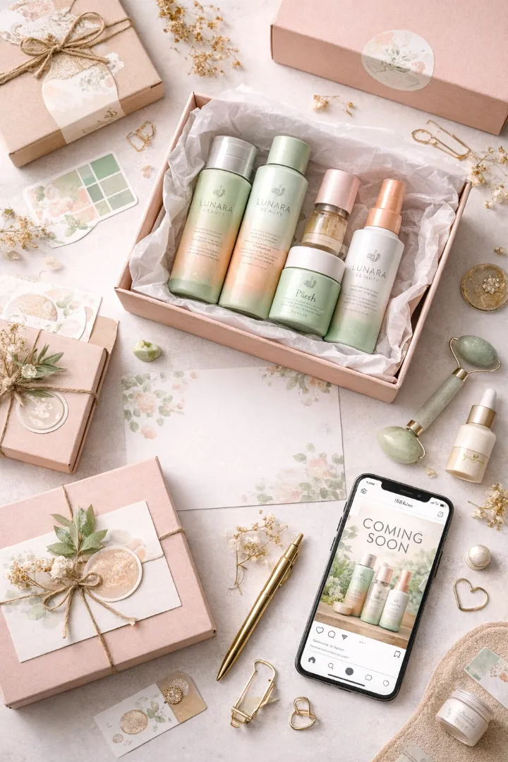 A flat lay of cosmetic products, influencer mailers, and a smartphone displaying a social media campaign teaser