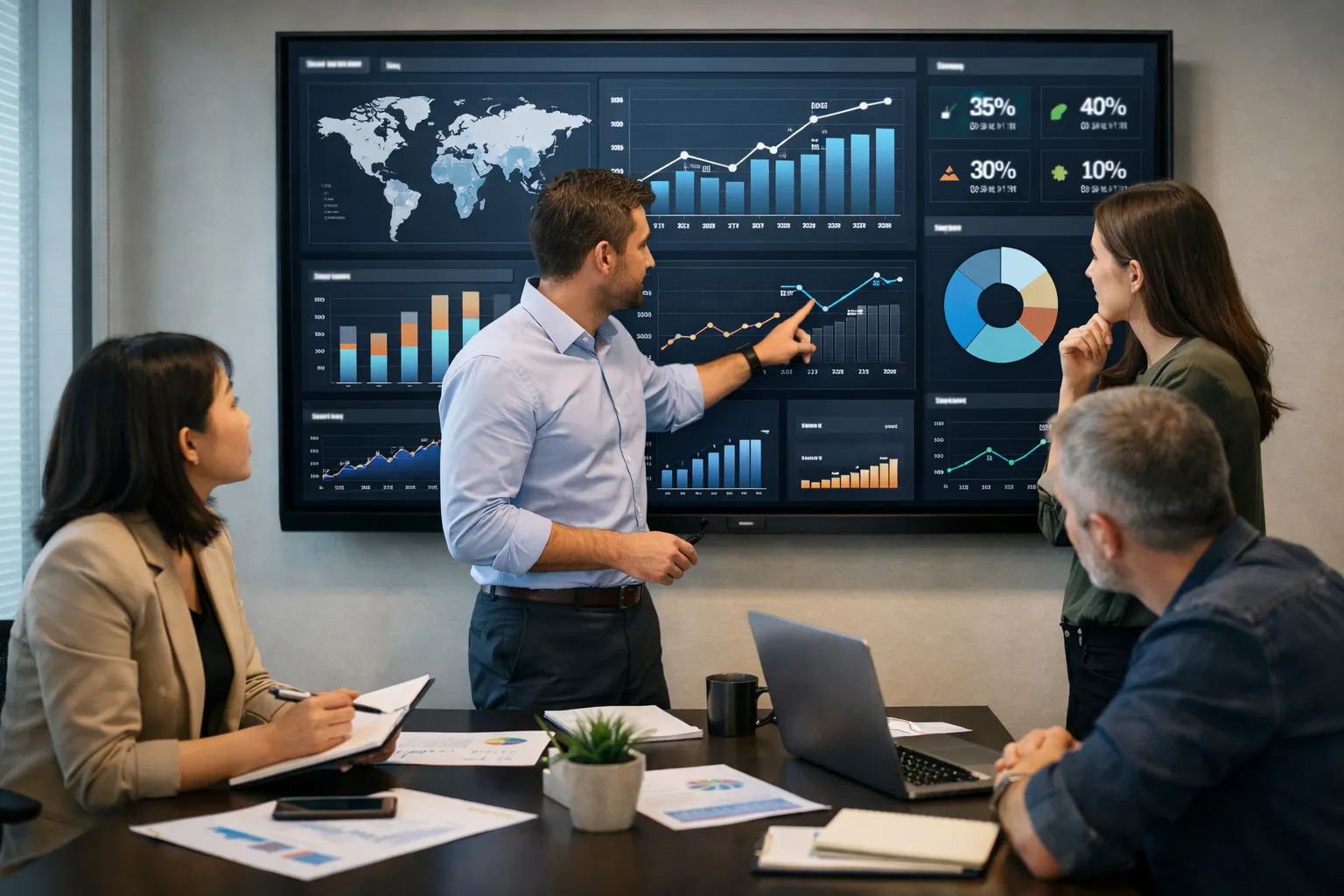 A team analyzing data on a dashboard, showcasing metrics and strategic decision-making