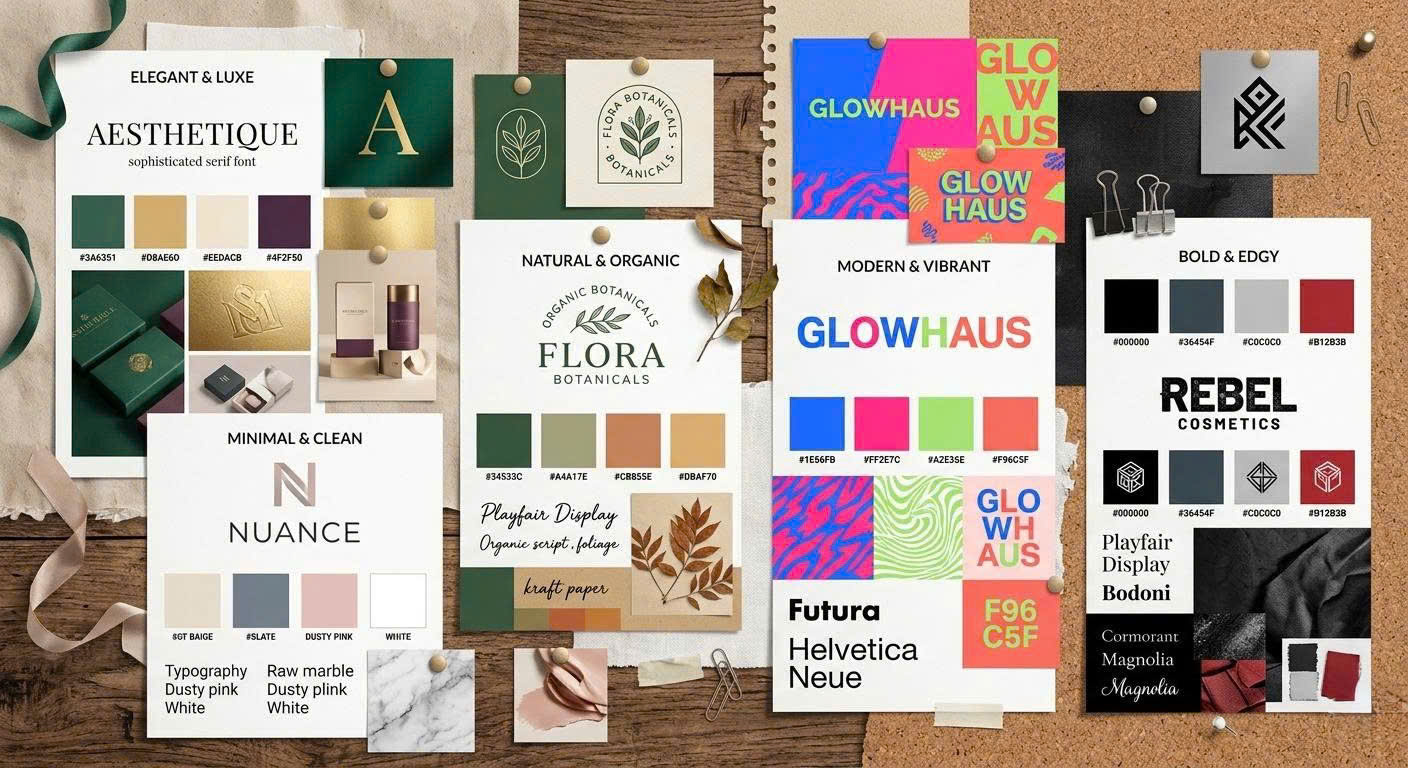 A collage demonstrating various cosmetic packaging with different logo styles, font choices, and color palettes, illustrating their impact.