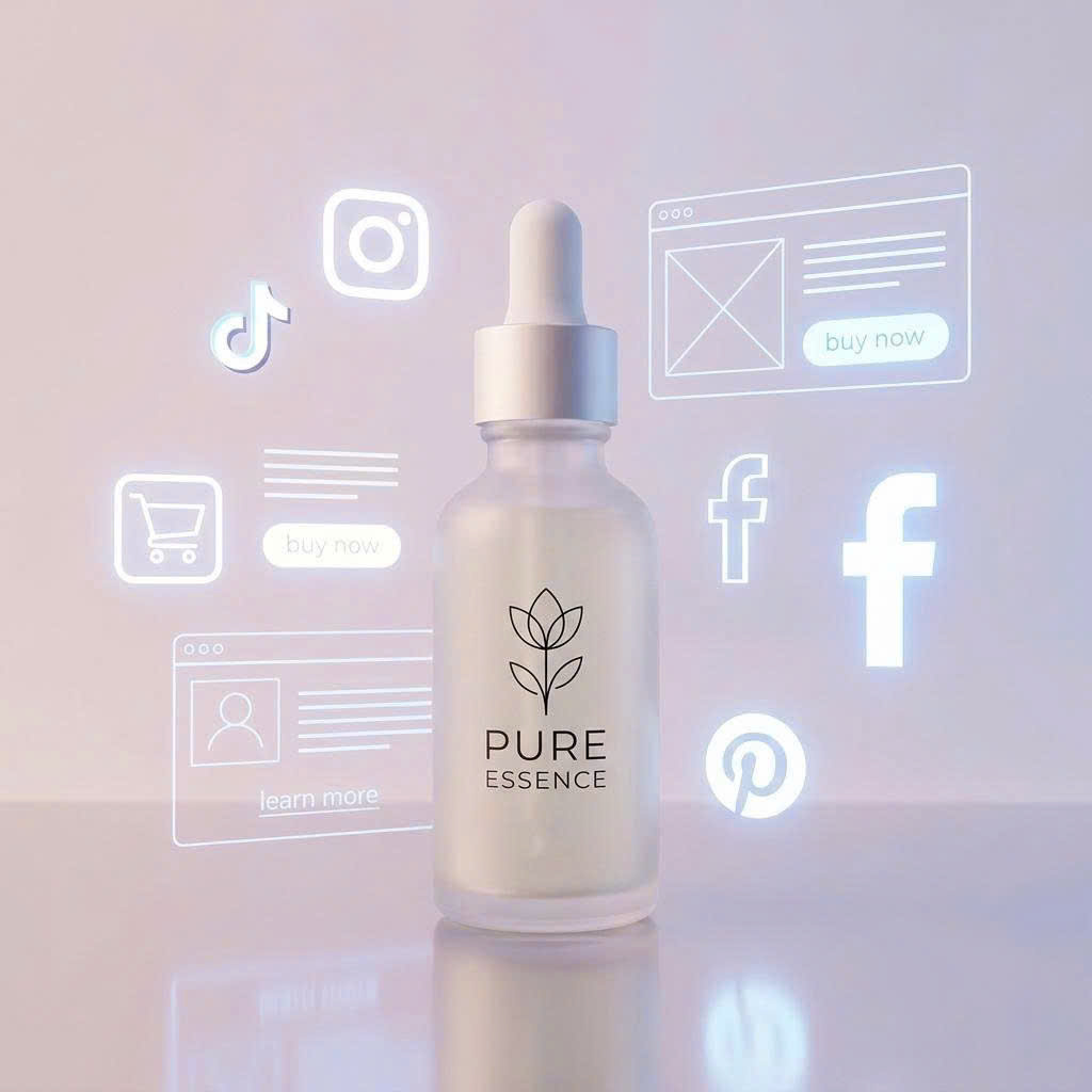 A sleek, modern cosmetic bottle mockup featuring a minimalist logo, surrounded by digital icons representing social media and website interfaces.