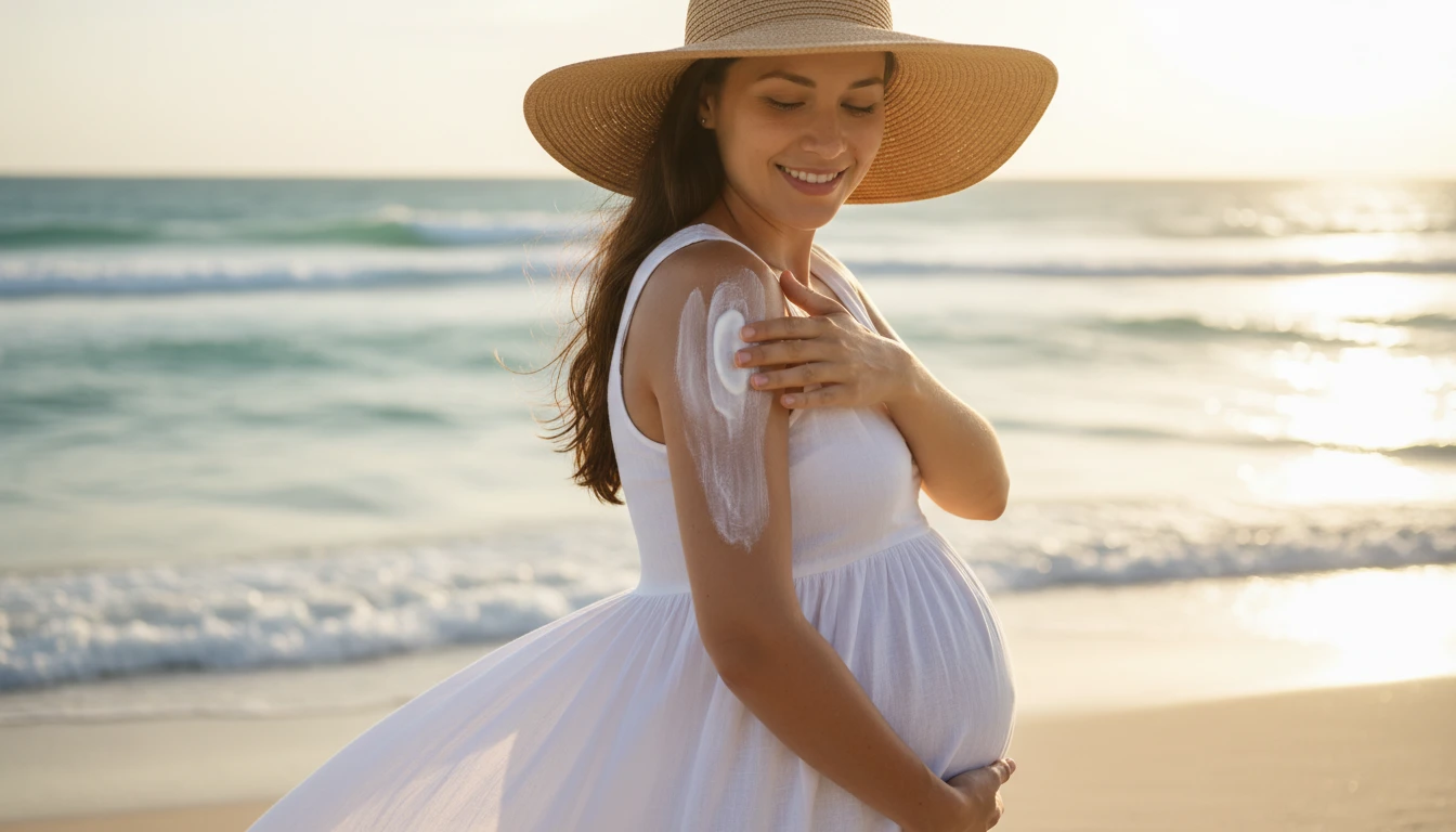 Pregnant woman applying white mineral sunscreen on a beach during golden hour.