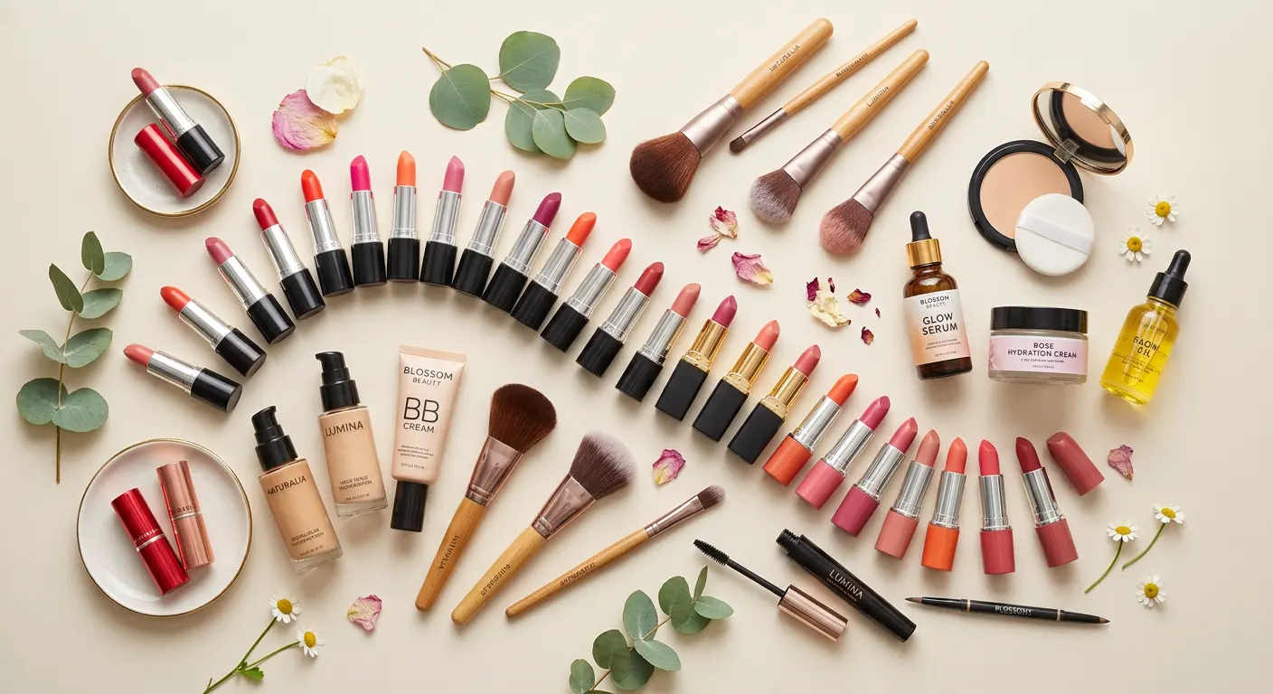 How to sell cosmetics online: A vibrant flat lay of various cosmetic products like lipsticks, foundations, and skincare, artfully arranged on a clean background.