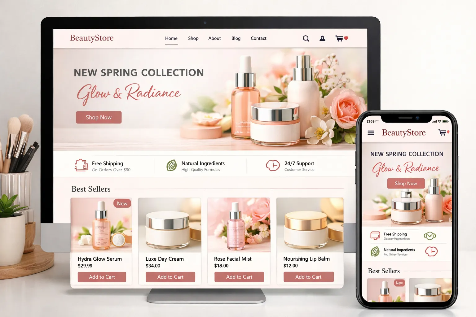 A visually appealing e-commerce store design for beauty products, showcasing a clean layout on both a desktop monitor and a smartphone screen.