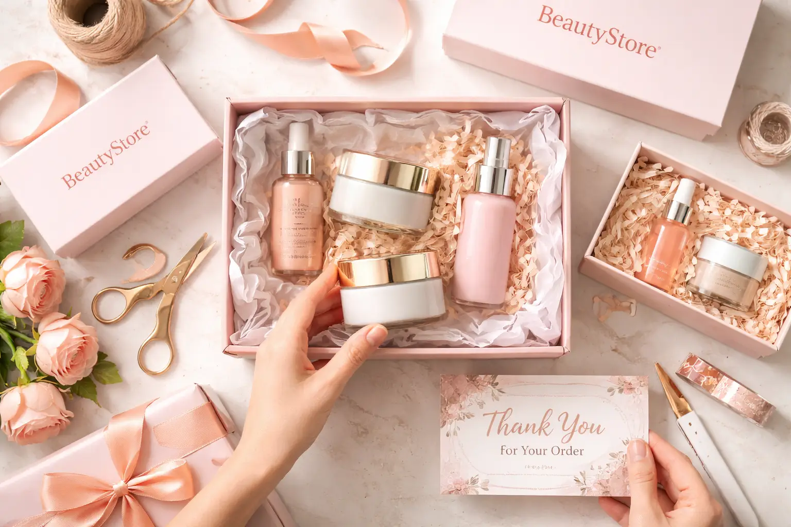 An aesthetically pleasing flat lay of cosmetic products being carefully packaged in branded boxes with tissue paper, ready for shipment.