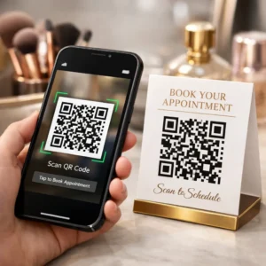 A close-up of a smartphone scanning a QR code on a small, elegant stand, with blurred beauty tools in the background.